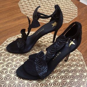 Kotur “Gilda” suede and snakeskin heeled luxury sandals